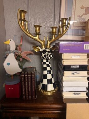 Mackenzie Childs Deer Head Candle Holder - Black, White & Gold